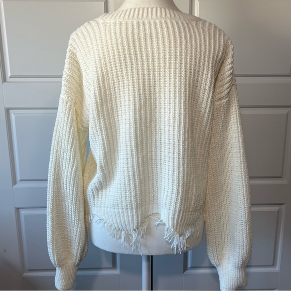 Distressed Fringed Cream Knit Sweater Pullover Balloon Sleeve Fashion Top - Picture 2 of 8